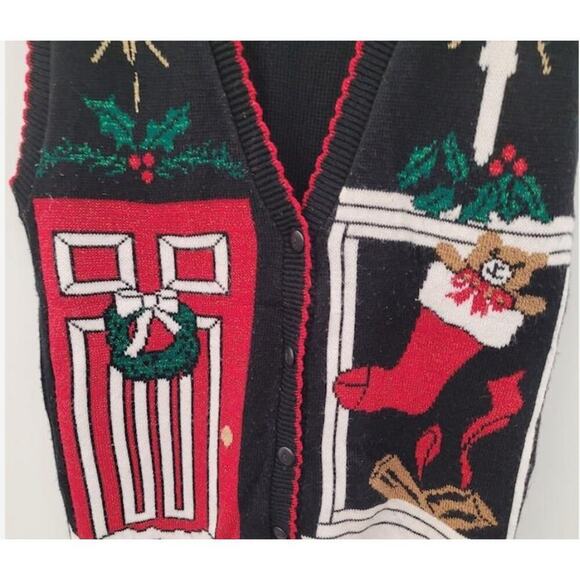 Holiday Time Womens Black Sleeveless Button Front Ugly Christmas Knit Cardigan L - Picture 5 of 7